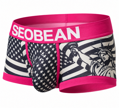 Seobean Geometric Stretch Boxer Shorts – Black, Red & Sky Blue | M–2XL | Polyester & Elastane