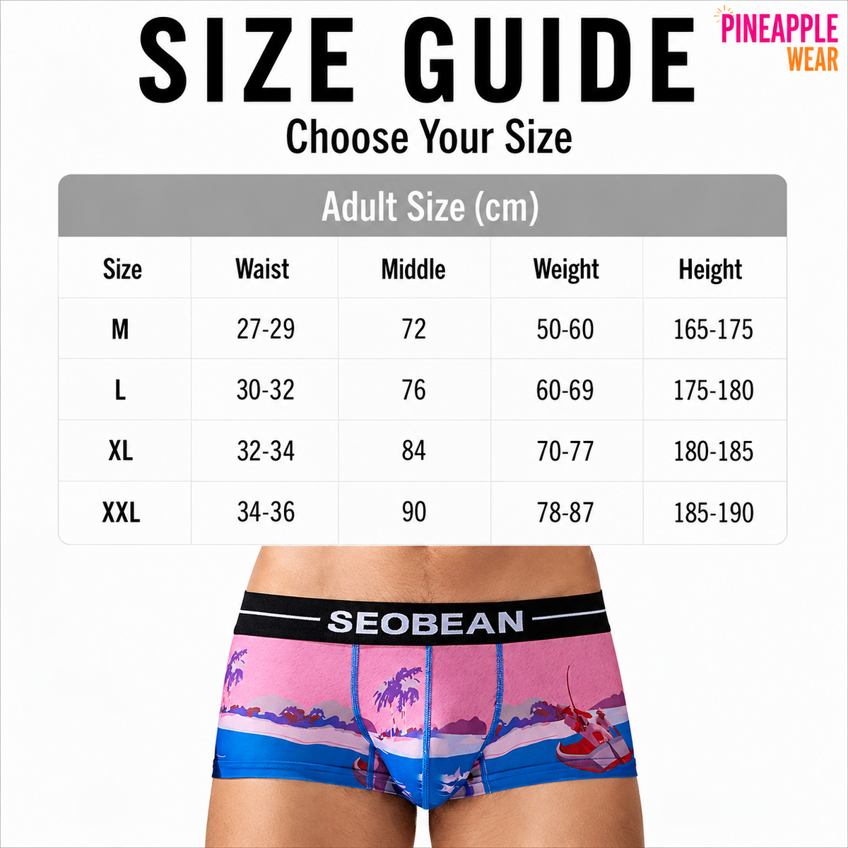 Seobean Low-Waist Printed Boxer Briefs – 4 Prints | M–2XL | Polyester & Elastane