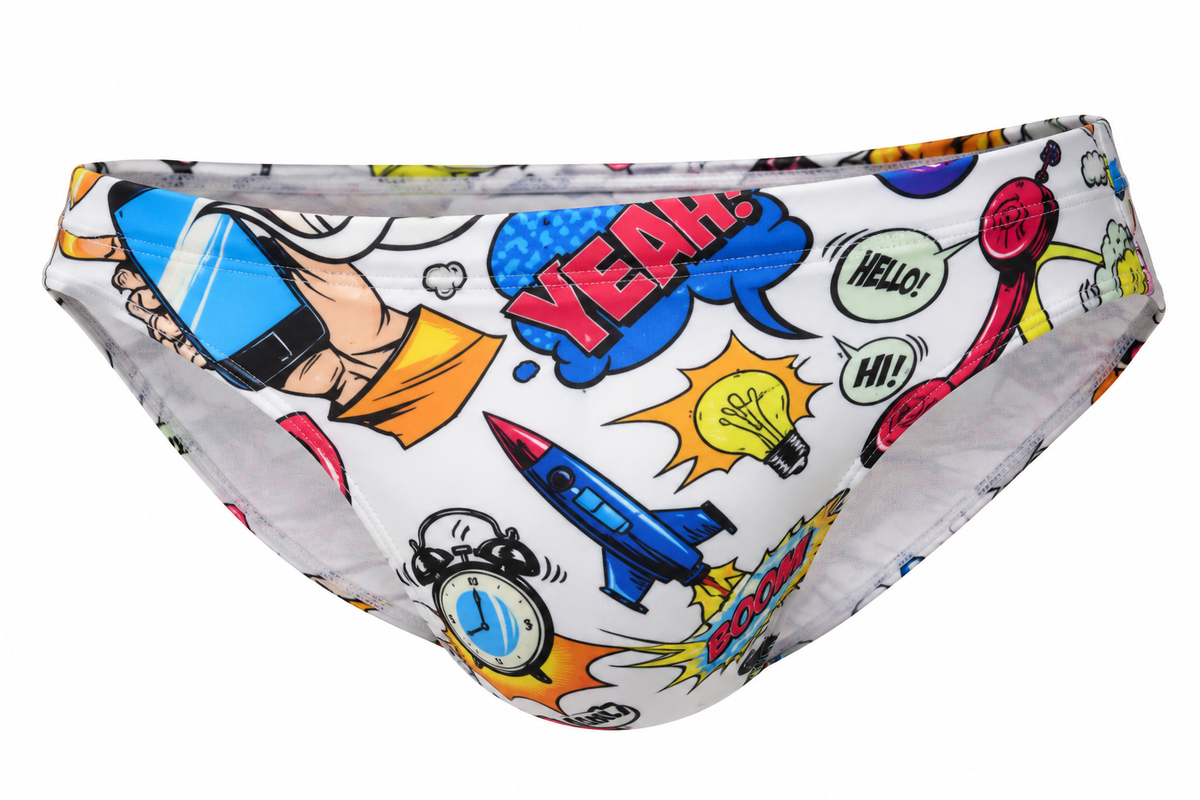 Comic Print Swim Brief – White, Blue & Grey | M–2XL | Polyester