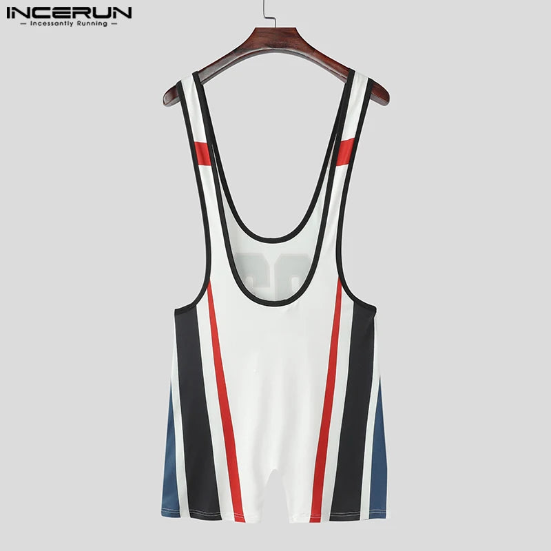 Men's Letter Print Patchwork Bodysuit – Black & White | S–3XL | Polyester & Spandex