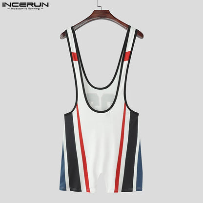 Men's Letter Print Patchwork Bodysuit – Black & White | S–3XL | Polyester & Spandex