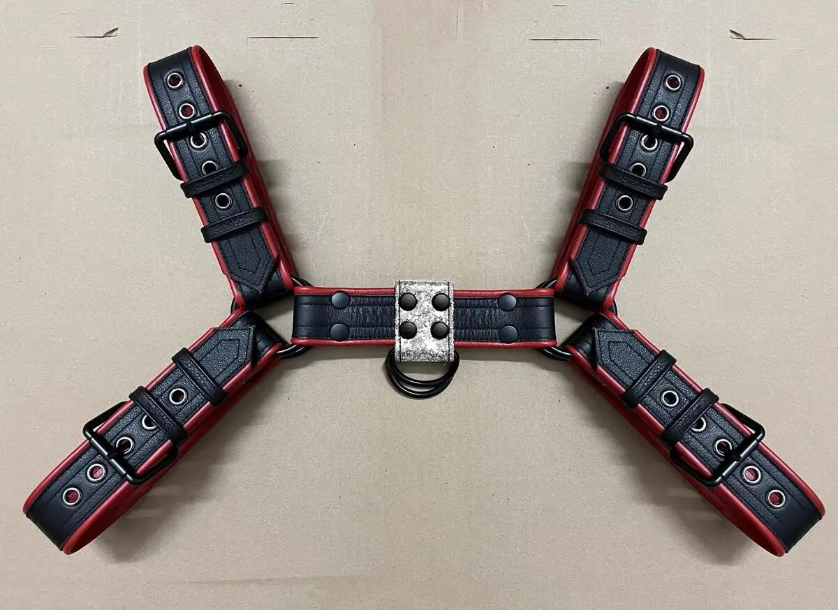 Leather Body Chest Harness – Black & Red | S–2XL | Genuine Leather & Metal