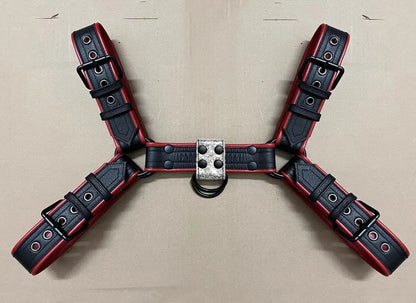 Leather Body Chest Harness – Black & Red | S–2XL | Genuine Leather & Metal