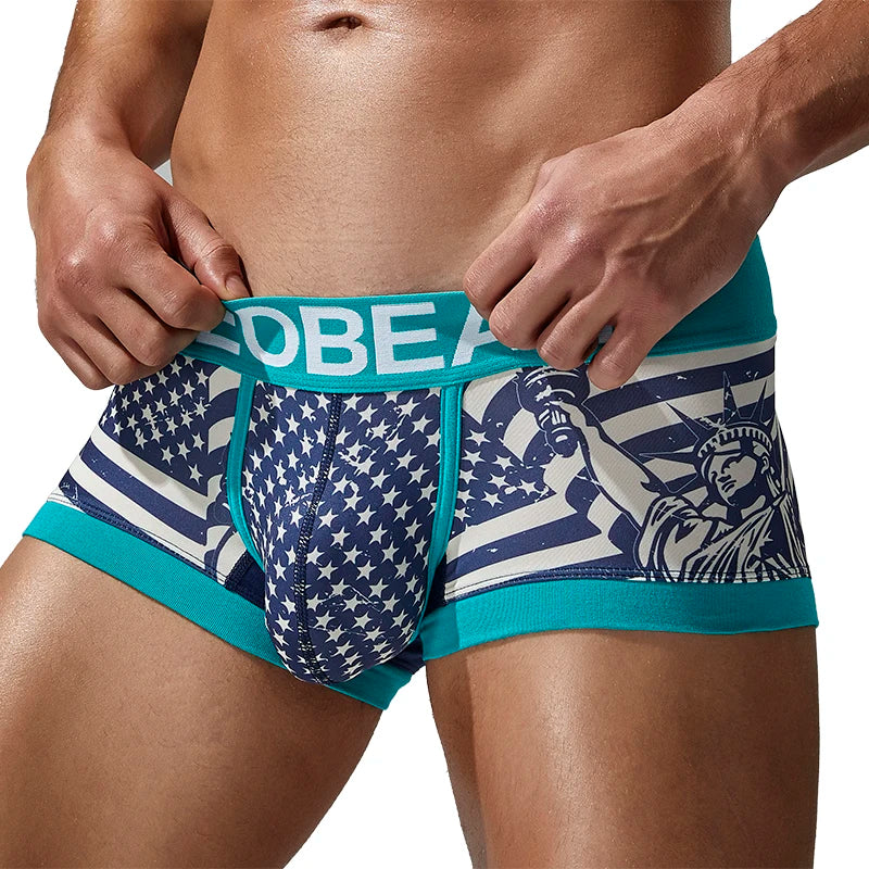 Seobean Geometric Stretch Boxer Shorts – Black, Red & Sky Blue | M–2XL | Polyester & Elastane