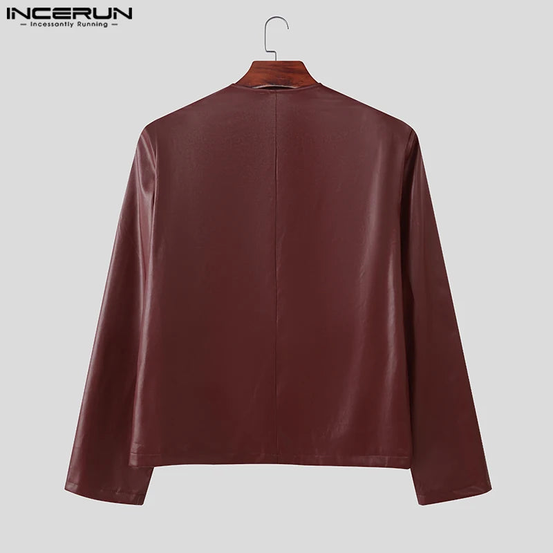 INCERUN Men's PU Leather Solid Colour Jacket – O-Neck Long Sleeve Button Streetwear Coat | S–5XL
