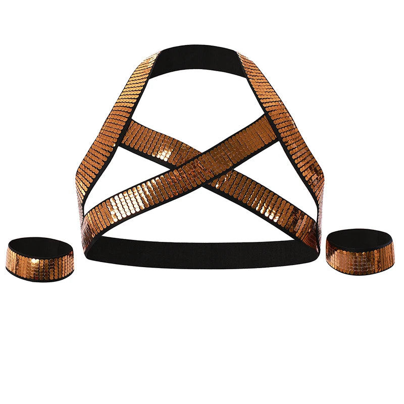 Clever-Men Golden Glitter Chest Harness | One Size | Harness + Arm Bands