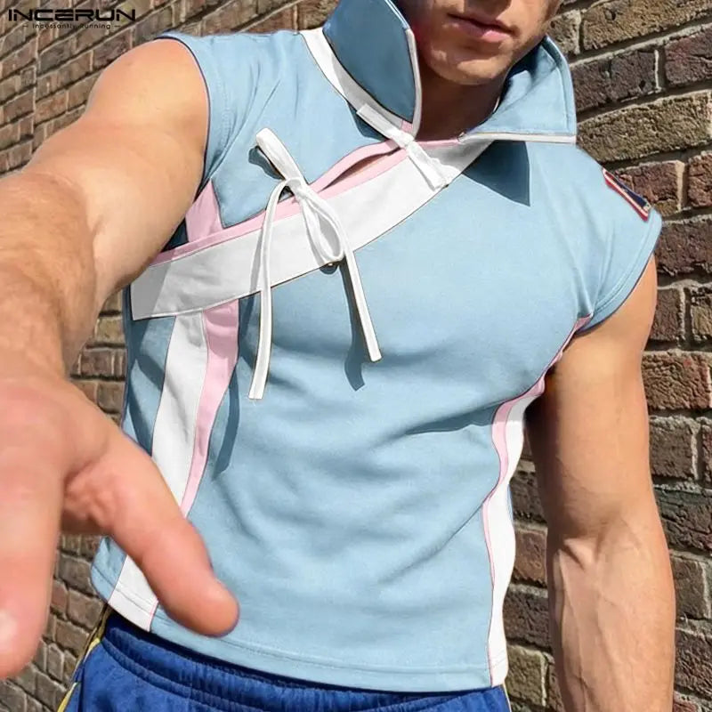 INCERUN Men's Patchwork Tank Top – Color-Block Lace-Up Sleeveless Streetwear | S–5XL