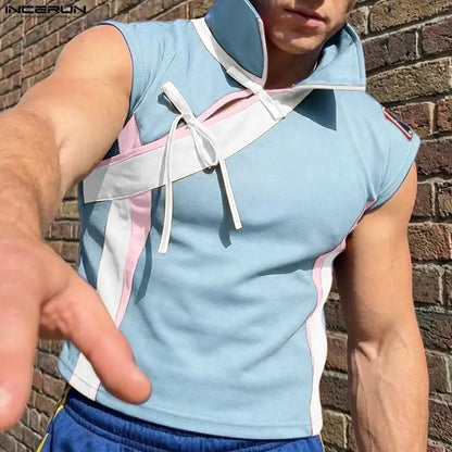 INCERUN Men's Patchwork Tank Top – Color-Block Lace-Up Sleeveless Streetwear | S–5XL