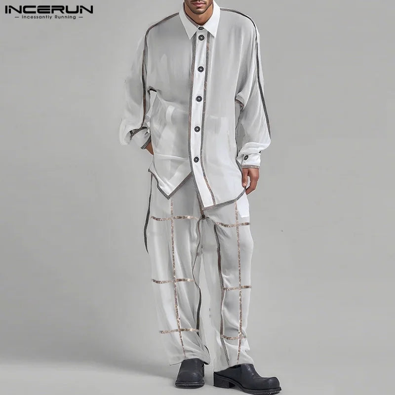 INCERUN Men's See-Through Patchwork Set – Sheer Long Sleeve Shirt & Pants | S–5XL