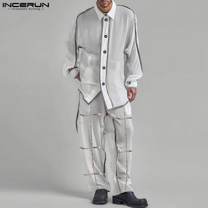 INCERUN Men's See-Through Patchwork Set – Sheer Long Sleeve Shirt & Pants | S–5XL