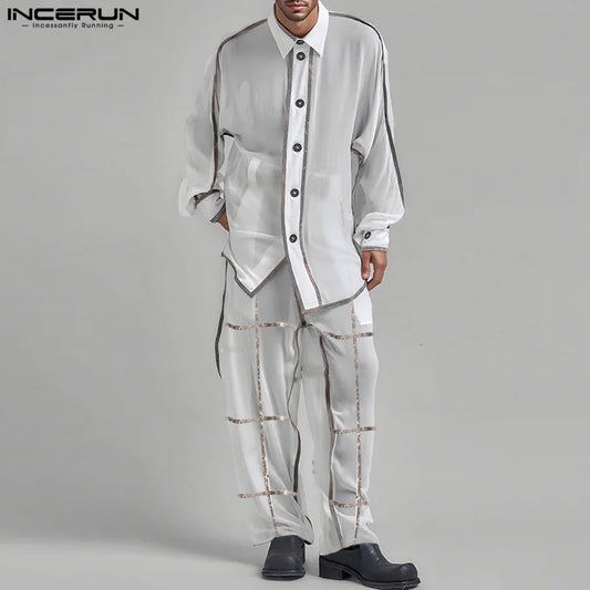 INCERUN Men's See-Through Patchwork Set – Sheer Long Sleeve Shirt & Pants | S–5XL