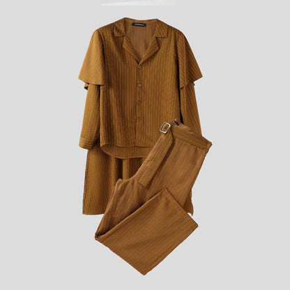 INCERUN Men's Striped Shirt Cloak & Pants Set – Elegant Lapel Long Sleeve Co-ord Suit