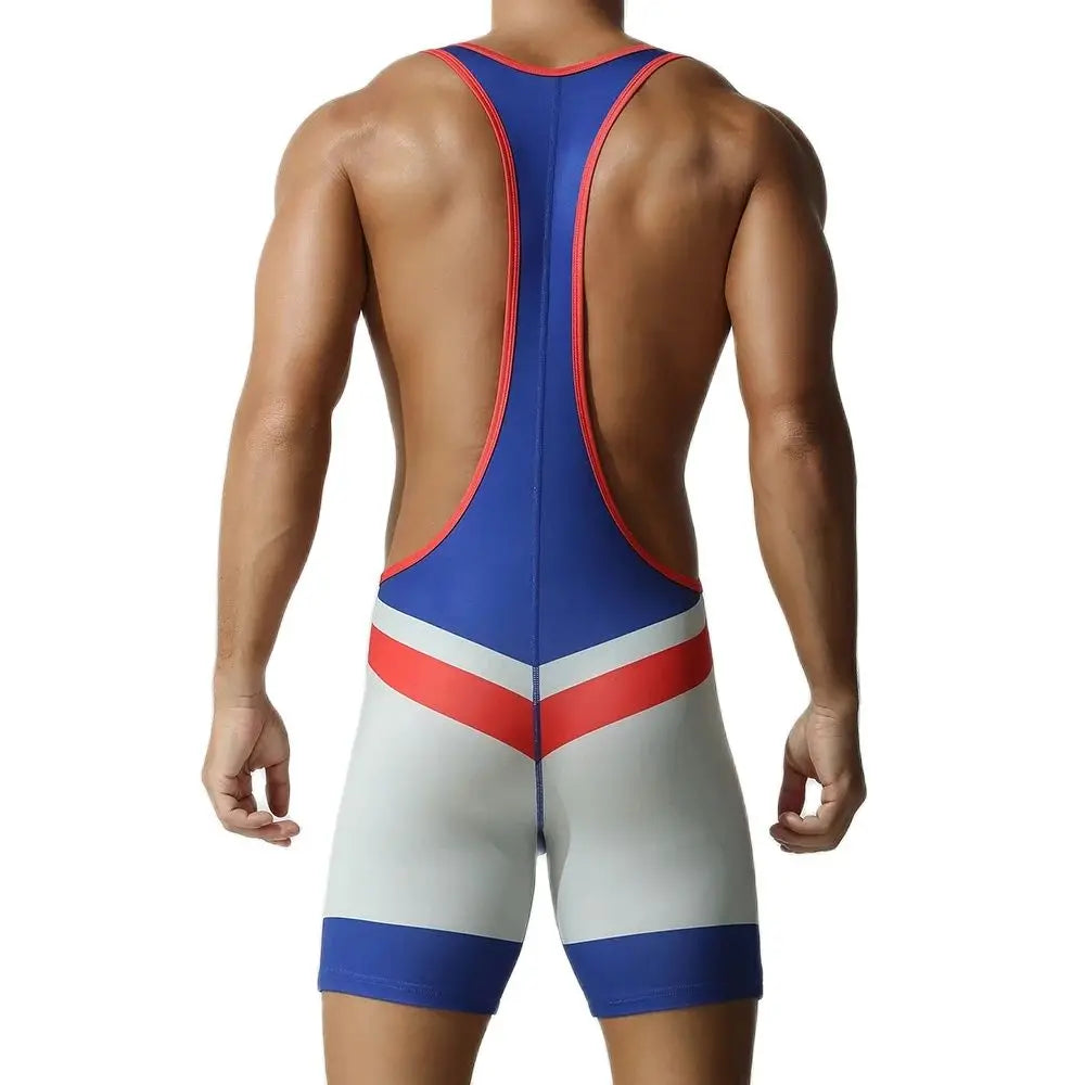 Wrestling Suit – Black, Blue & Cyan | M–2XL | Polyester & Lycra