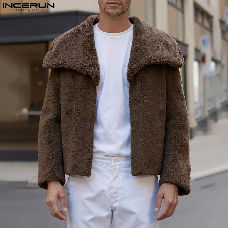 INCERUN Men's Plush Fleece Lapel Jacket – Solid Colour Open-Stitch Casual Streetwear Coat | S–XXXL
