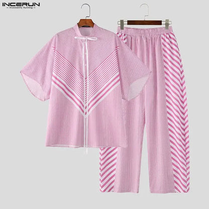 INCERUN Men's Striped Patchwork Set – Lace-Up Shirt & Pants Co-ord | S–5XL