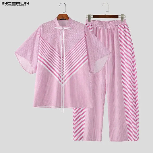 INCERUN Men's Striped Patchwork Set – Lace-Up Shirt & Pants Co-ord | S–5XL