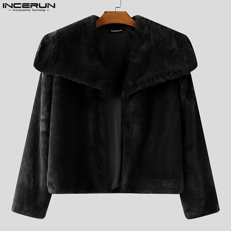 INCERUN Men's Plush Fleece Lapel Jacket – Solid Colour Open-Stitch Casual Streetwear Coat | S–XXXL