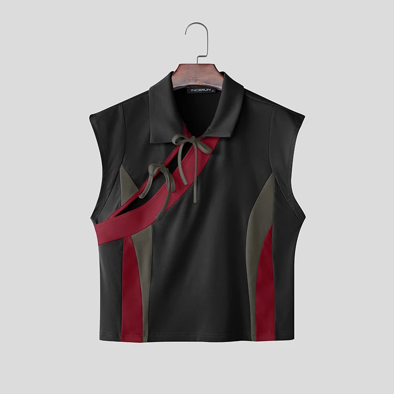 INCERUN Men's Patchwork Tank Top – Color-Block Lace-Up Sleeveless Streetwear | S–5XL