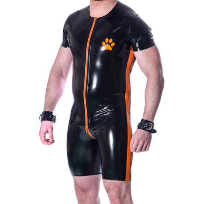 Paw Print Latex Catsuit – Black & Orange / Black & Red | XS–2XL | Natural Latex