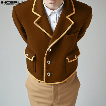 INCERUN Men's Patchwork Lapel Crop Jacket – Long Sleeve Button Streetwear Coat | S–XXXL