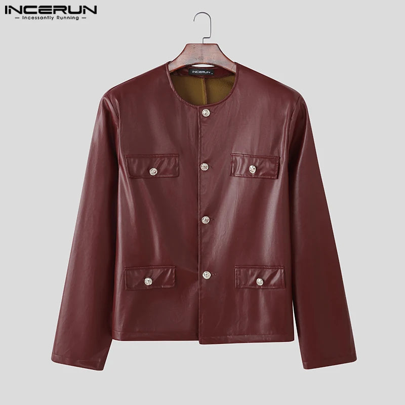 INCERUN Men's PU Leather Solid Colour Jacket – O-Neck Long Sleeve Button Streetwear Coat | S–5XL