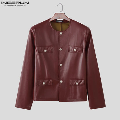 INCERUN Men's PU Leather Solid Colour Jacket – O-Neck Long Sleeve Button Streetwear Coat | S–5XL