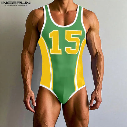 Printed Sleeveless Bodysuit – Green, Yellow & Red | S–3XL | Polyester & Spandex