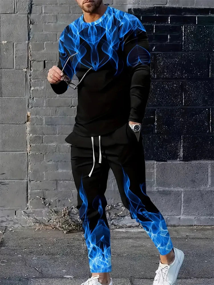 Men's 3D Blue Flame Print 2-Piece Sportswear Set – Long Sleeve Top & Sweatpants | M–5XL