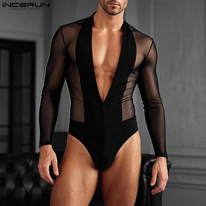 Mesh Splicing V-Neck Jumpsuit – Black | S–3XL | Polyester & Spandex