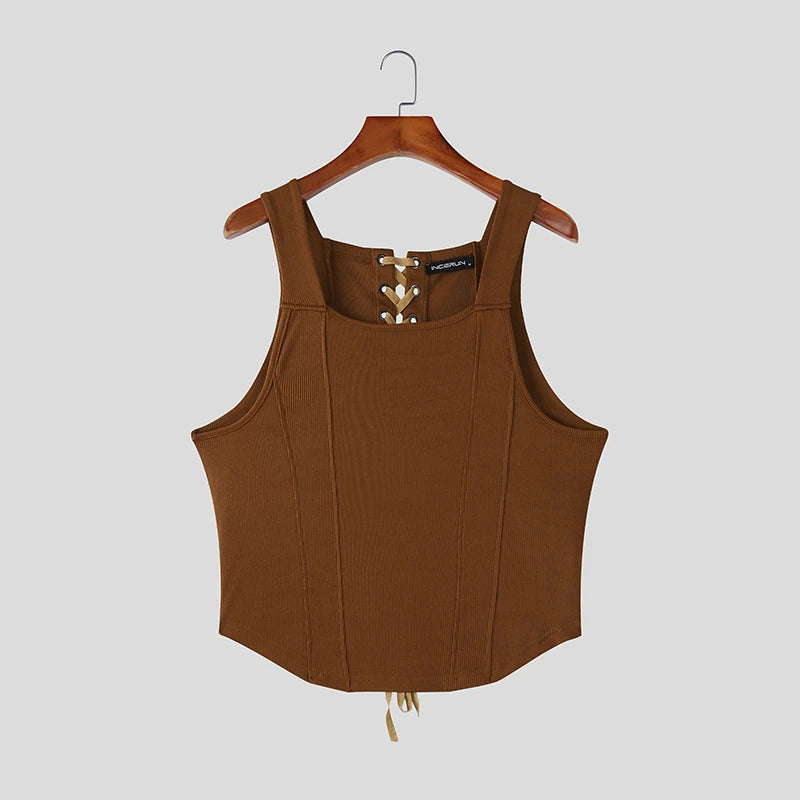 INCERUN Slim Fit Tank Top with Lace-Up Back – Bold Men's Vest | S–XXXL