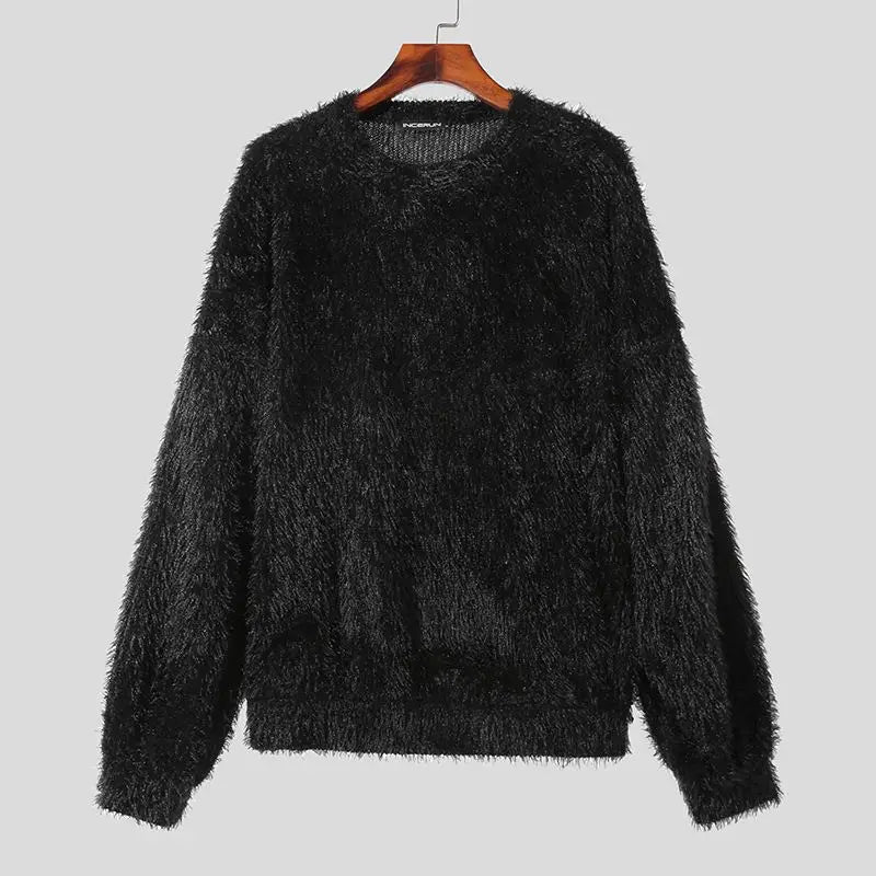 INCERUN Men's Plush Solid Colour Pullover – O-Neck Long Sleeve Casual Streetwear Sweater | S–5XL