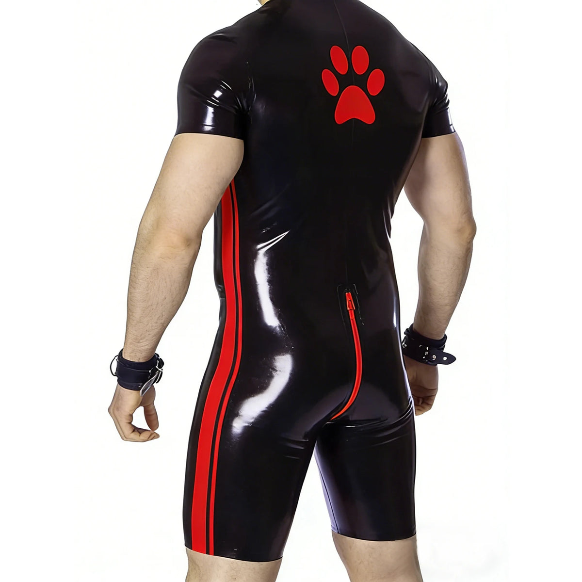 Paw Print Latex Catsuit – Black & Orange / Black & Red | XS–2XL | Natural Latex