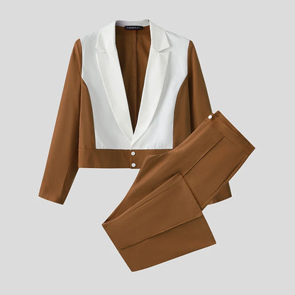 INCERUN Men's Color-Block Patchwork Blazer & Flare Pants Set – Lapel Long Sleeve Co-ord Suit