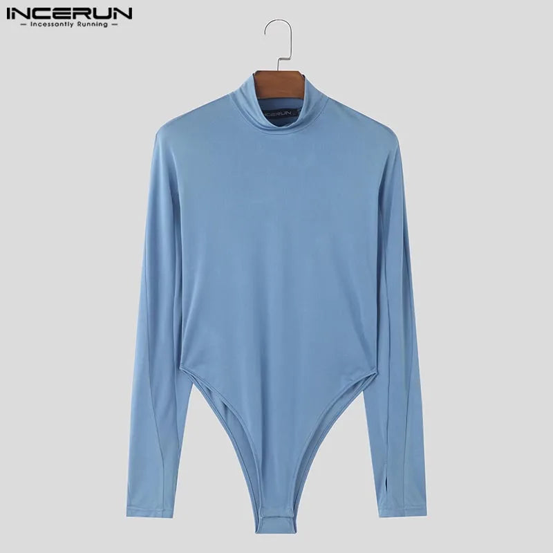 Solid Long Sleeve Bodysuit – Blue & Black | S–3XL | Polyester & Spandex