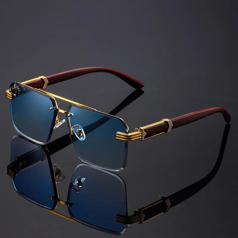 Rectangle Double Beam Sunglasses – UV400 | 2 Colours | Wood Grain Detail