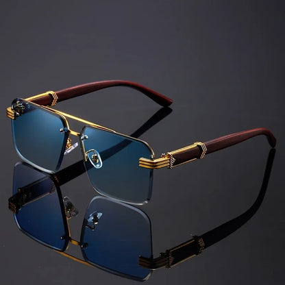 Rectangle Double Beam Sunglasses – UV400 | 2 Colours | Wood Grain Detail