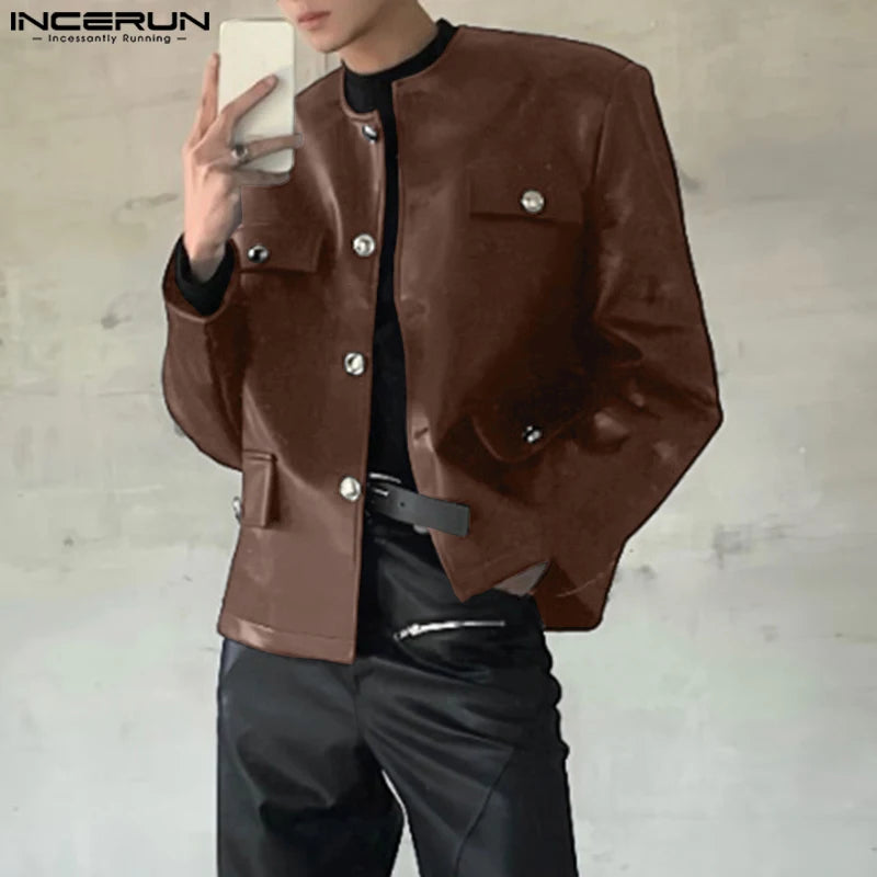 INCERUN Men's PU Leather Solid Colour Jacket – O-Neck Long Sleeve Button Streetwear Coat | S–5XL
