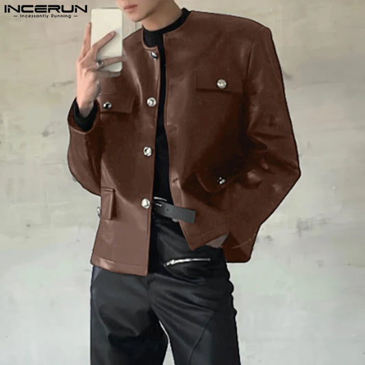 INCERUN Men's PU Leather Solid Colour Jacket – O-Neck Long Sleeve Button Streetwear Coat | S–5XL
