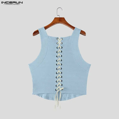 INCERUN Slim Fit Tank Top with Lace-Up Back – Bold Men's Vest | S–XXXL