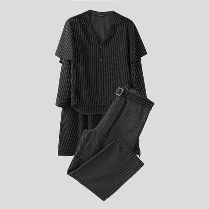 INCERUN Men's Striped Shirt Cloak & Pants Set – Elegant Lapel Long Sleeve Co-ord Suit