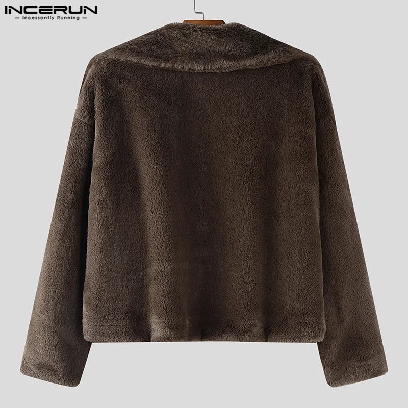 INCERUN Men's Plush Fleece Lapel Jacket – Solid Colour Open-Stitch Casual Streetwear Coat | S–XXXL