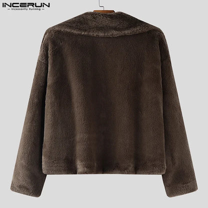INCERUN Men's Plush Fleece Lapel Jacket – Solid Colour Open-Stitch Casual Streetwear Coat | S–XXXL