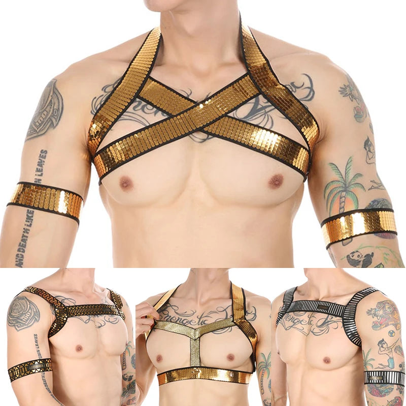 Clever-Men Golden Glitter Chest Harness | One Size | Harness + Arm Bands