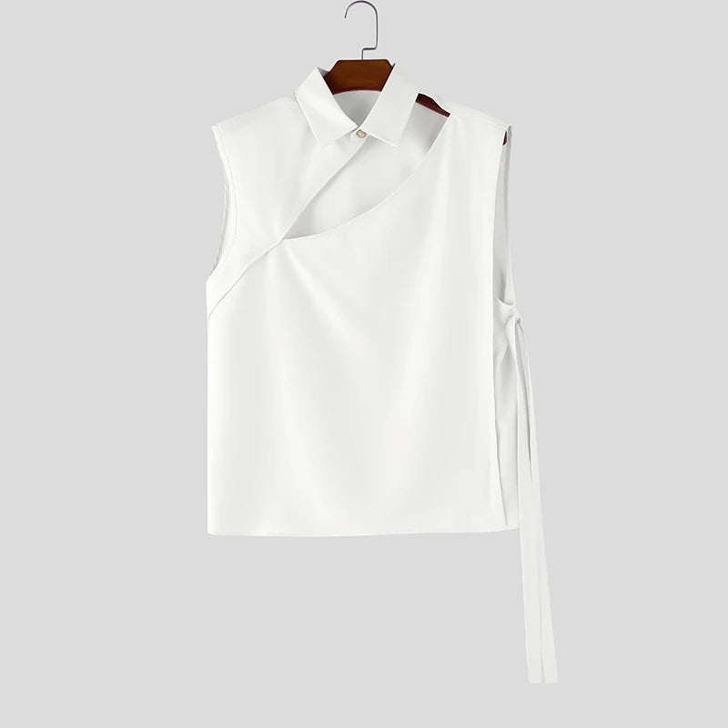 Hollow-Out Lace-Up Sleeveless Shirt – White, Black & Pink | S–5XL | Polyester