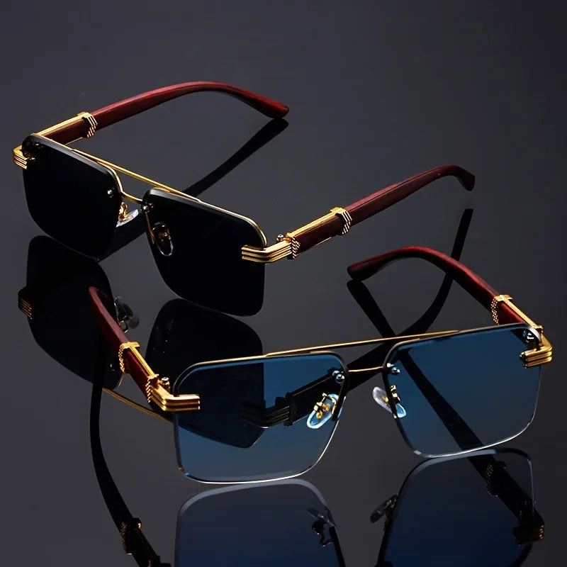 Rectangle Double Beam Sunglasses – UV400 | 2 Colours | Wood Grain Detail