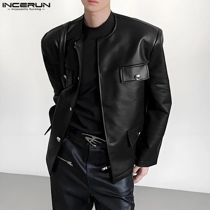 INCERUN Men's PU Leather Solid Colour Jacket – O-Neck Long Sleeve Button Streetwear Coat | S–5XL