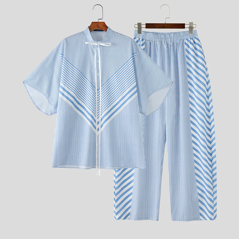 INCERUN Men's Striped Patchwork Set – Lace-Up Shirt & Pants Co-ord | S–5XL