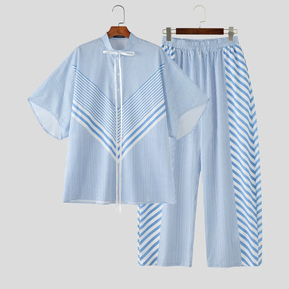 INCERUN Men's Striped Patchwork Set – Lace-Up Shirt & Pants Co-ord | S–5XL