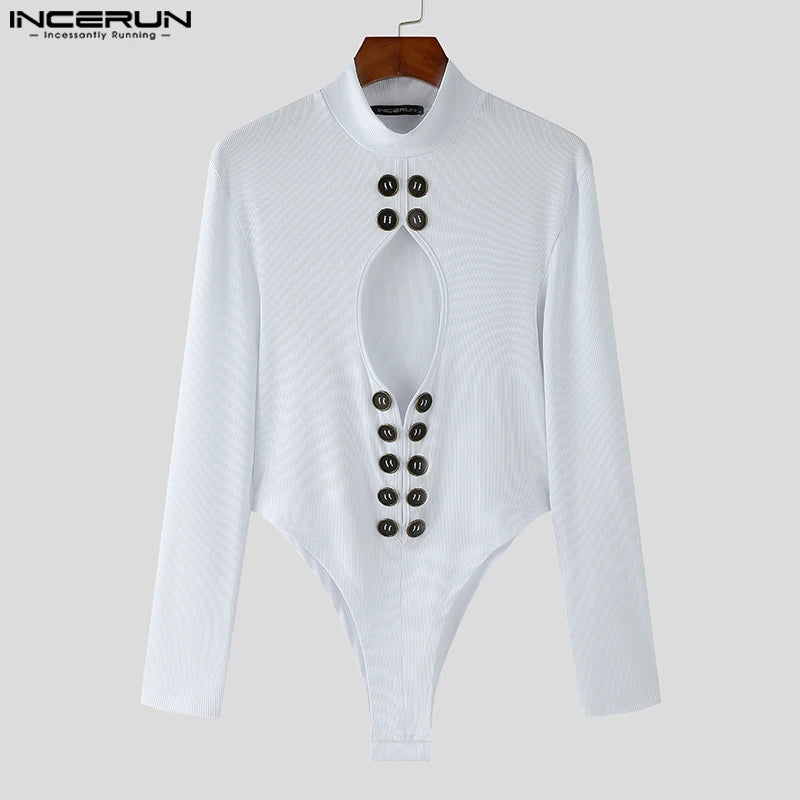 Hollow-Out High Neck Bodysuit – White, Blue & Black | S–5XL | Polyester & Spandex