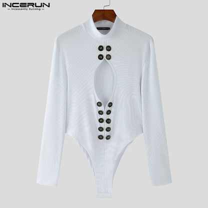 Hollow-Out High Neck Bodysuit – White, Blue & Black | S–5XL | Polyester & Spandex
